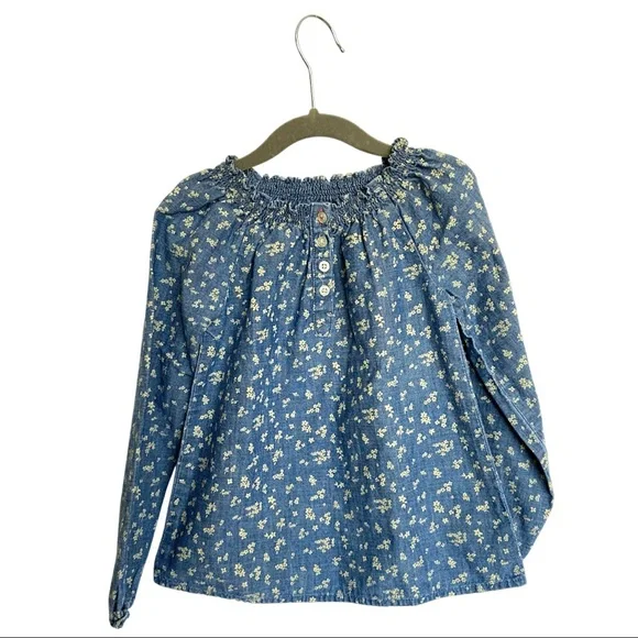 LANDS END Shirt Long Sleeve Blouse Floral Liberty Print Paper Bag Blue  Chambray